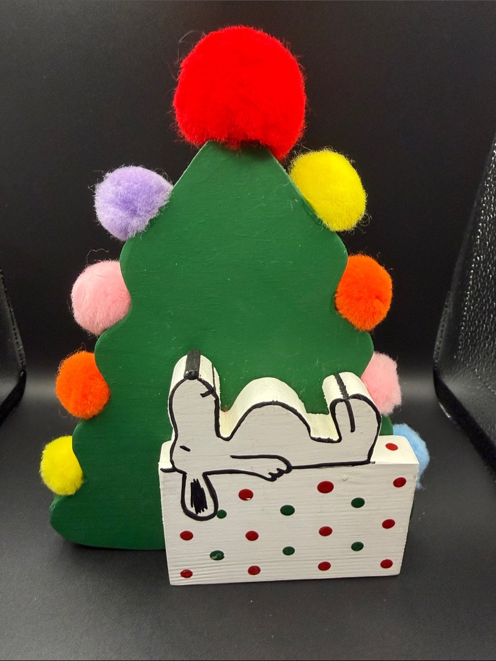 Handcrafted Vintage Green Wooden Christmas Tree Decor with Colorful Pom-Poms